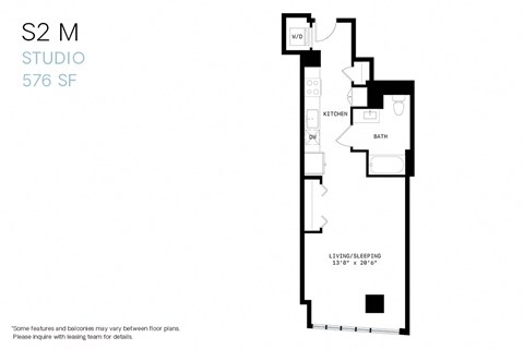 Floor plan for studio, 1 bath, 576 sqft